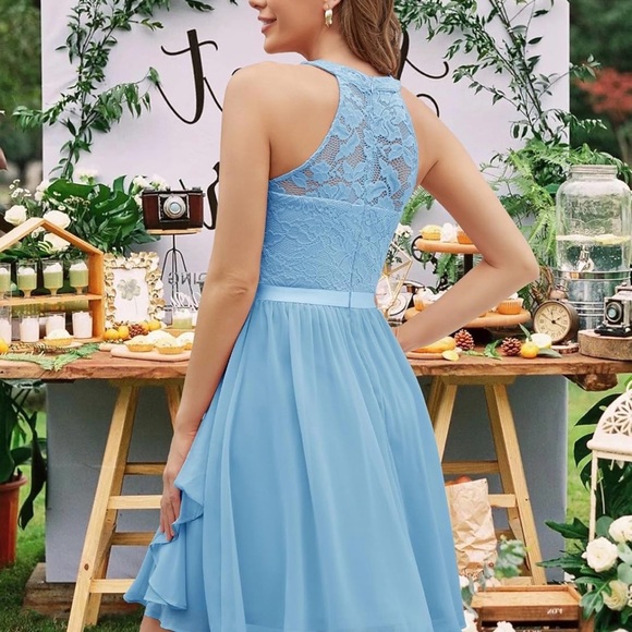 Elegant Blue Lace & Chiffon Dress - Picture 6 of 6